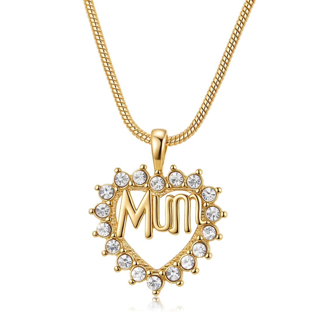 Gold Heart MUM Pendant Necklace with Clear Stones 22” Snake Chain 17.5g Jewellery Gift