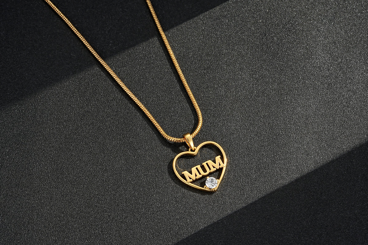 Gold MUM Heart Pendant Necklace with CZ Stone 22 Inch Chain