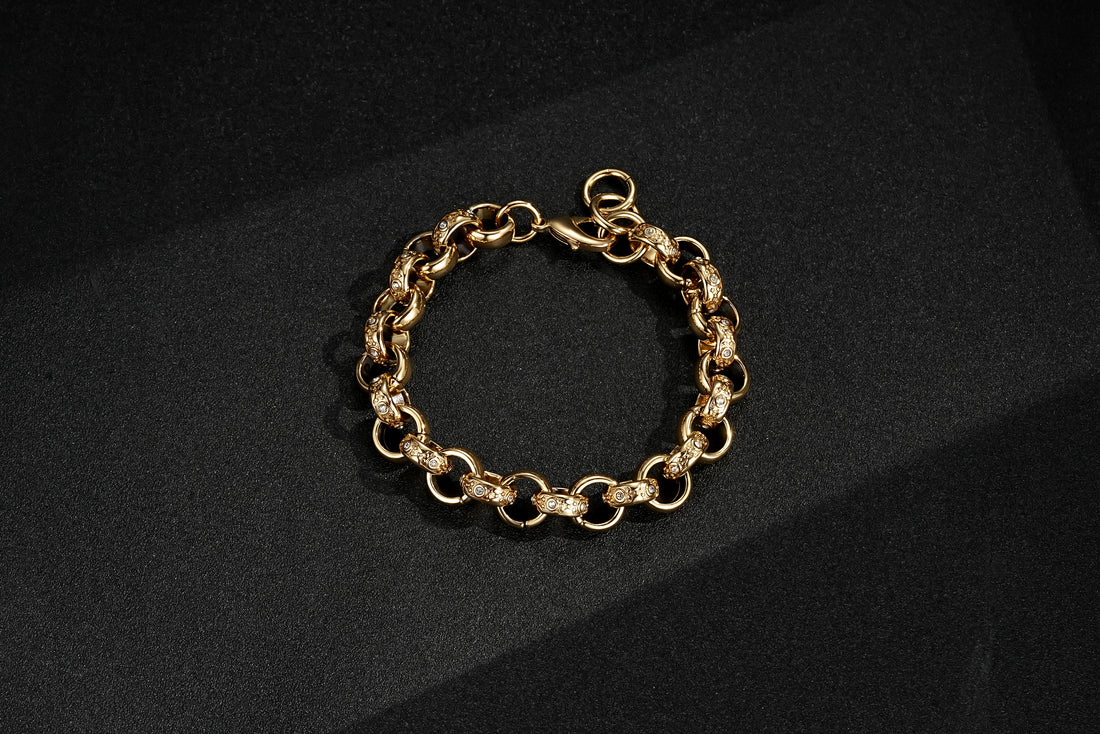12mm Gold Alternate Crystal Pattern Belcher Bracelet 8 Inches