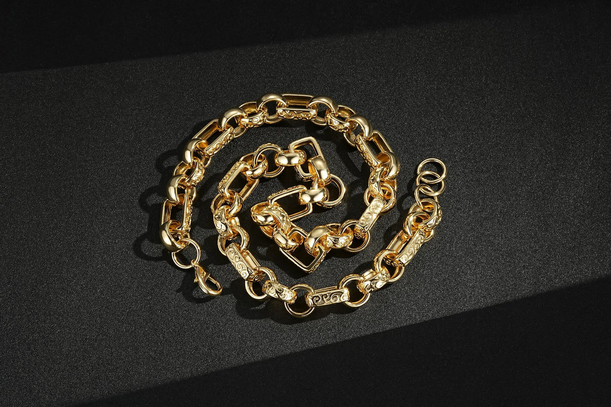 Gold Gypsy Link Belcher Chain &amp; Bracelet Set 10mm