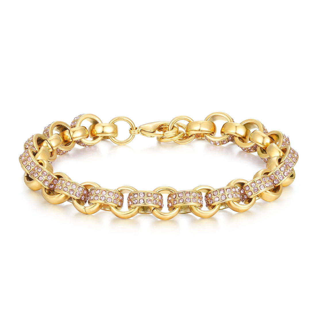 8mm Gold Belcher Bracelet with Pink Stones – 6 Inches
