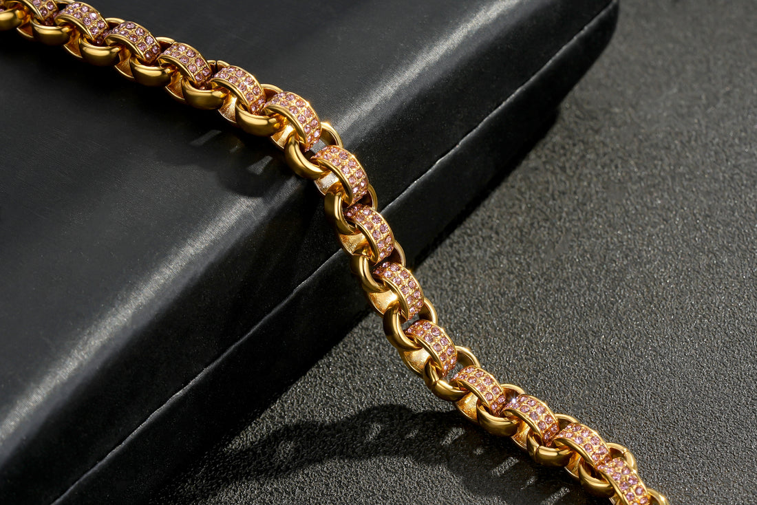 New 8mm Gold Belcher Bracelet with Pink Stones – 8 Inches