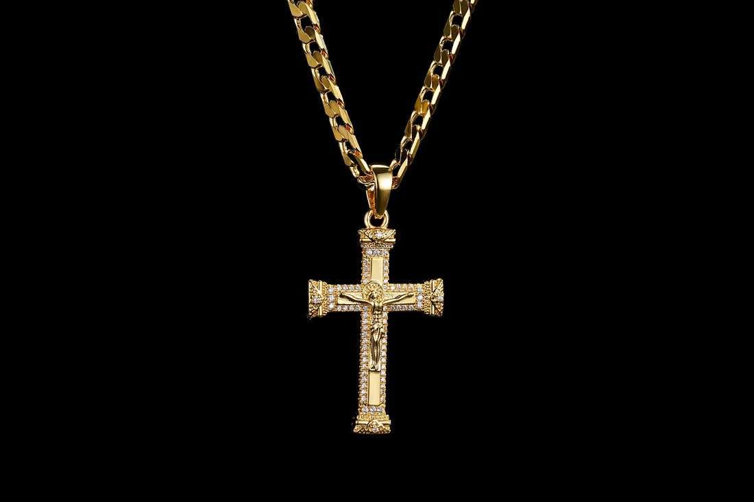 Heavy Gold Jesus Cross Crucifix Pendant with Stones 24 Inch 6mm Cuban Chain