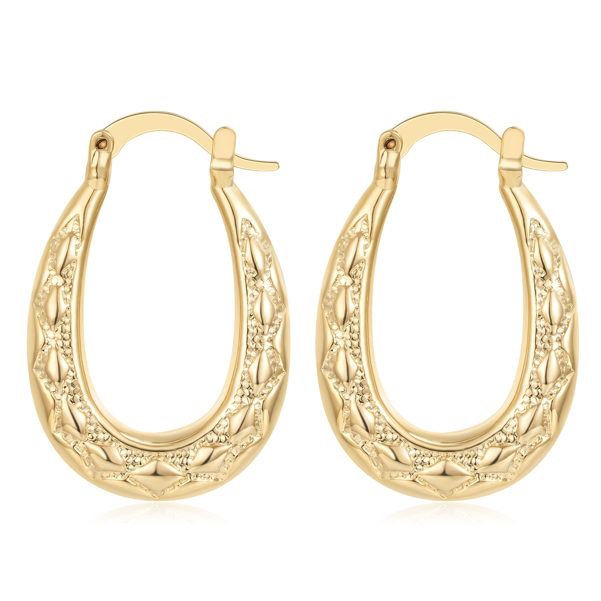 New Premium Gold 25mm Oval Diamond Pattern Creole Hoop Earrings