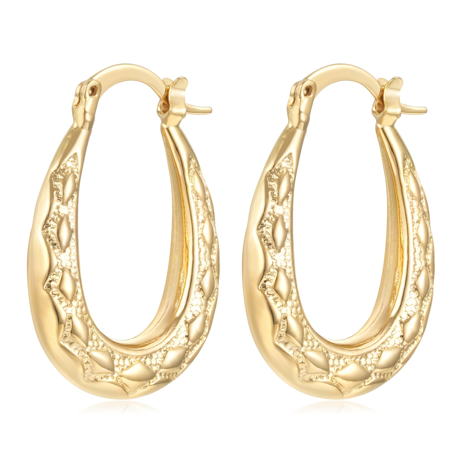 New Premium Gold 25mm Oval Diamond Pattern Creole Hoop Earrings