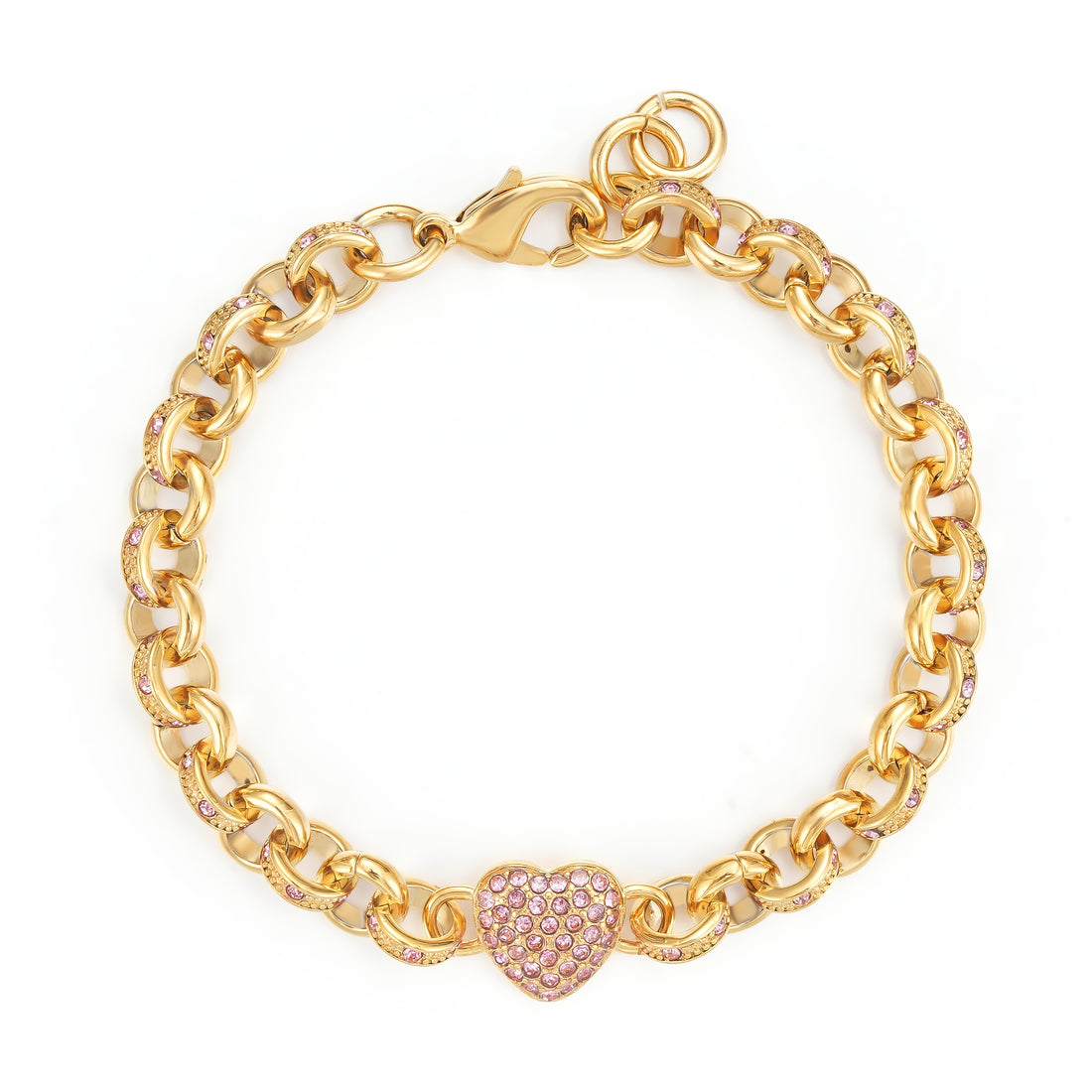Crystal Heart Charm Belcher Bracelet for Women with Pink Stones – 7 Inches