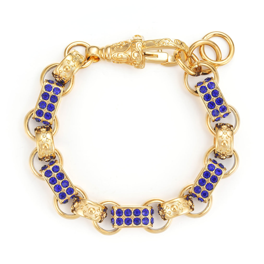 13mm Gold Gypsy Link Belcher Bracelet with Sapphire Stones, 7.5 Inches