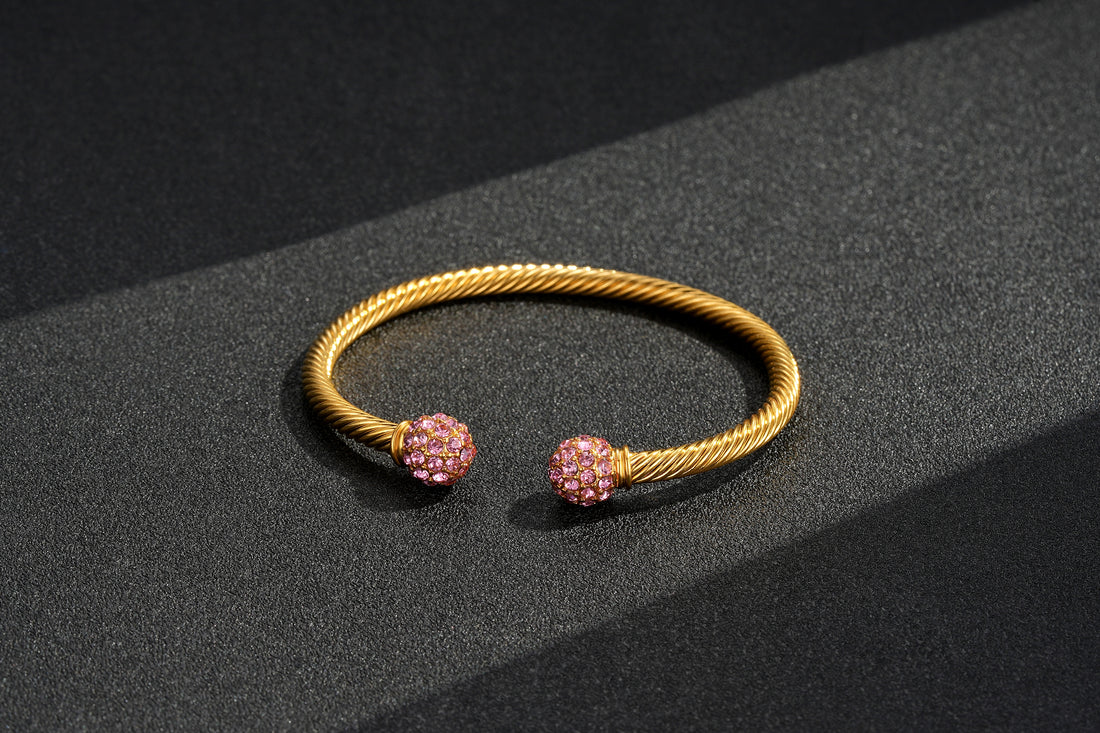 4mm Gold Ball Torque Bangle Bracelet with Pink Stones – 7.5/8 Inch