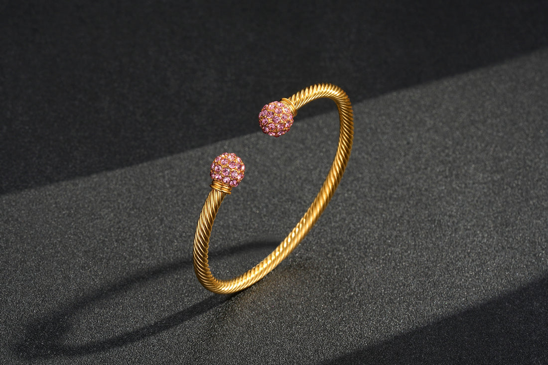4mm Gold Ball Torque Bangle Bracelet with Pink Stones – 7.5/8 Inch