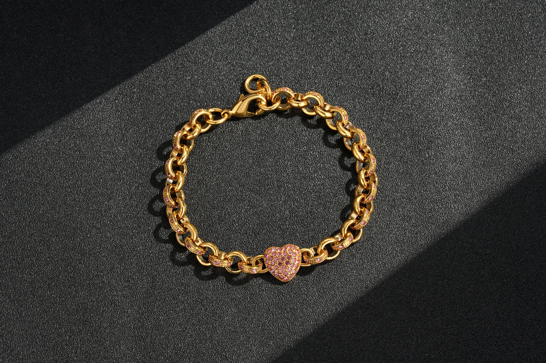 Crystal Heart Charm Belcher Bracelet for Women with Pink Stones – 7 Inches