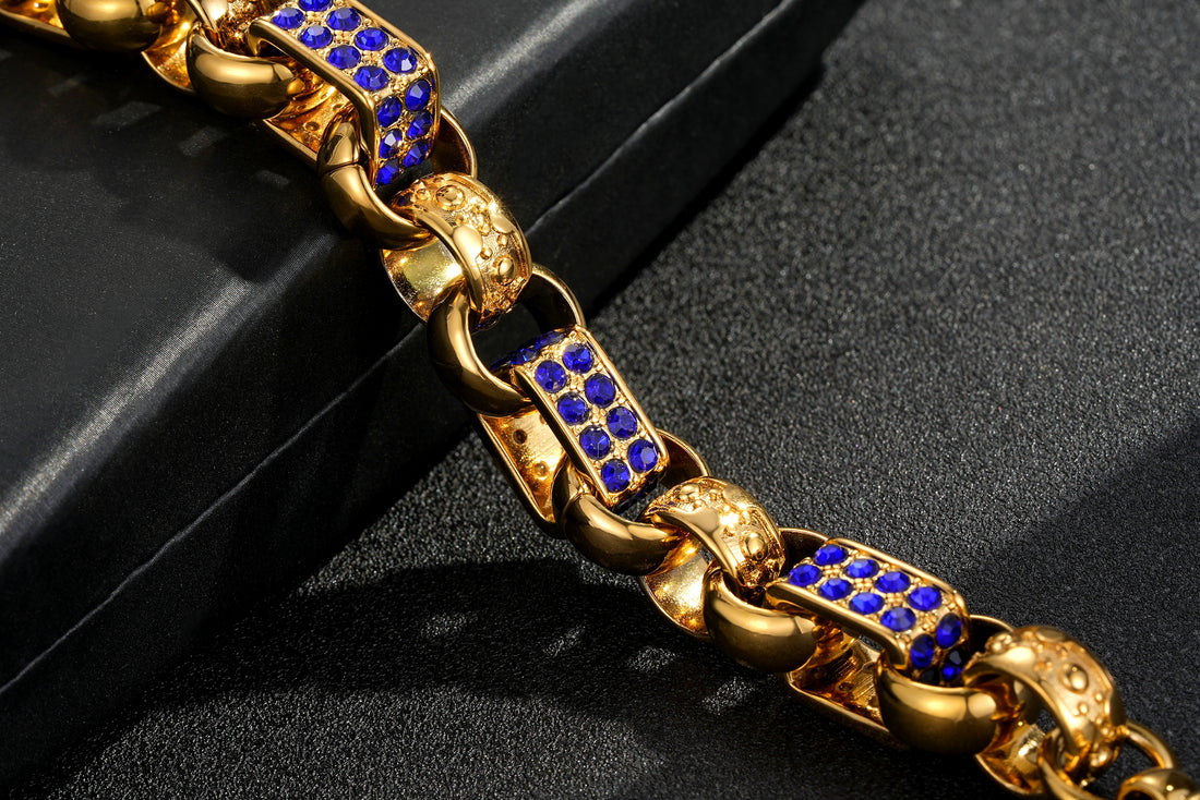 13mm Gold Gypsy Link Belcher Bracelet with Sapphire Stones, 7.5 Inches
