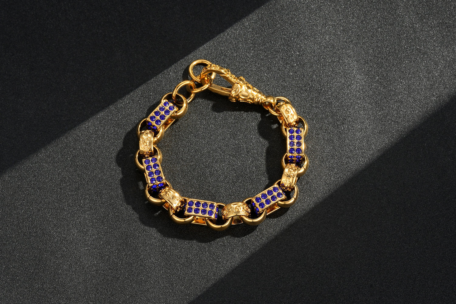 13mm Gold Gypsy Link Belcher Bracelet with Sapphire Stones, 7.5 Inches