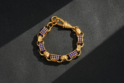 13mm Gold Gypsy Link Belcher Bracelet with Sapphire Stones, 7.5 Inches