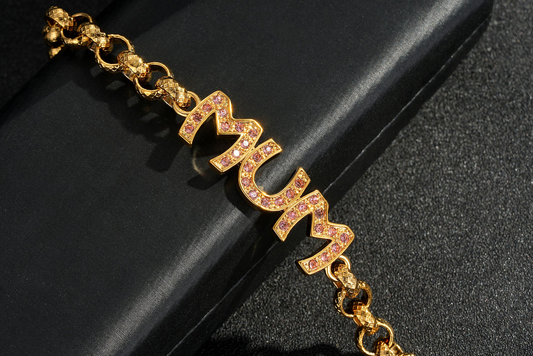 8mm Gold Mum Belcher Bracelet with Pink Stones – 8 Inches