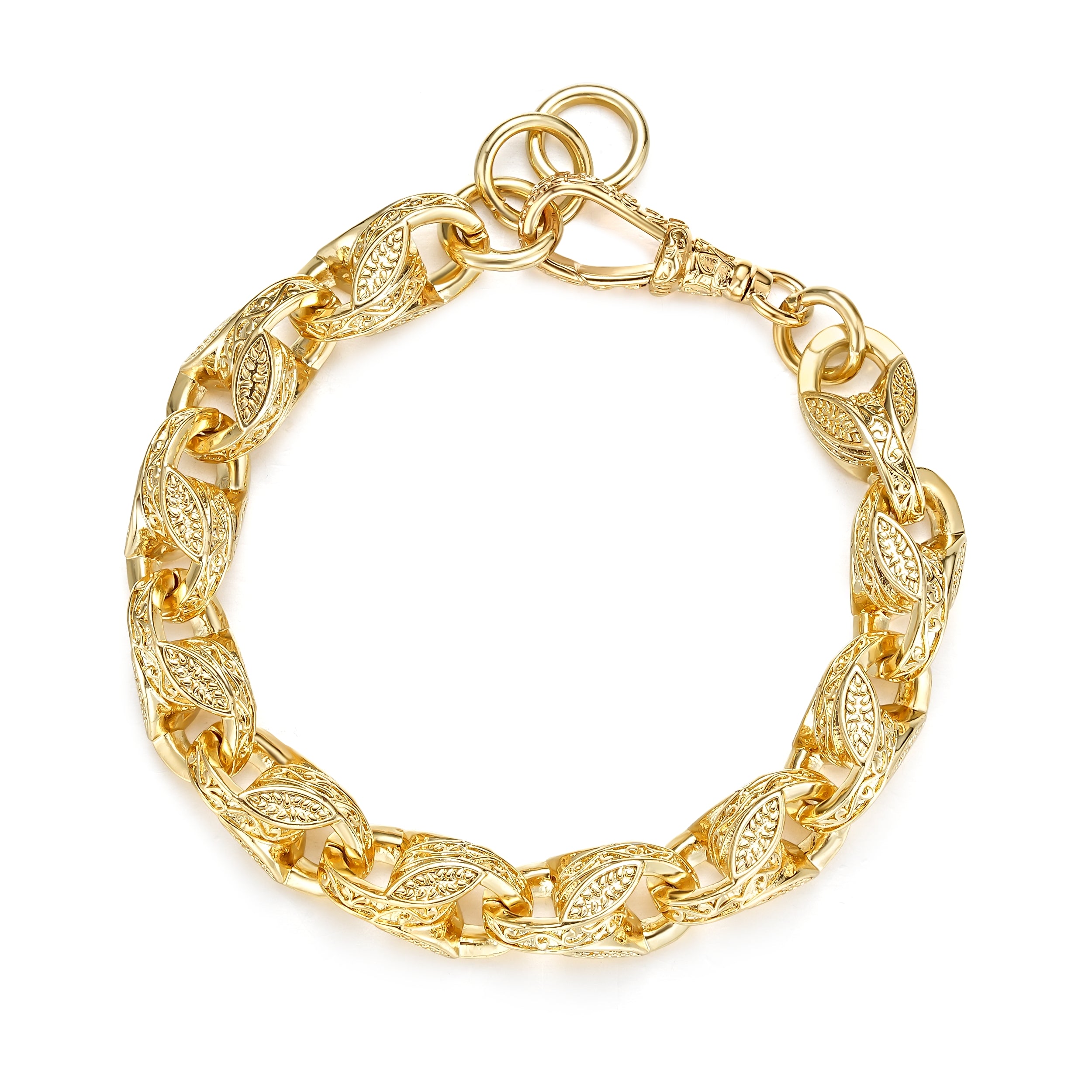 8-9 inch patterned gold tulip bracelet, 12mm width, 63 grams, 3D design.