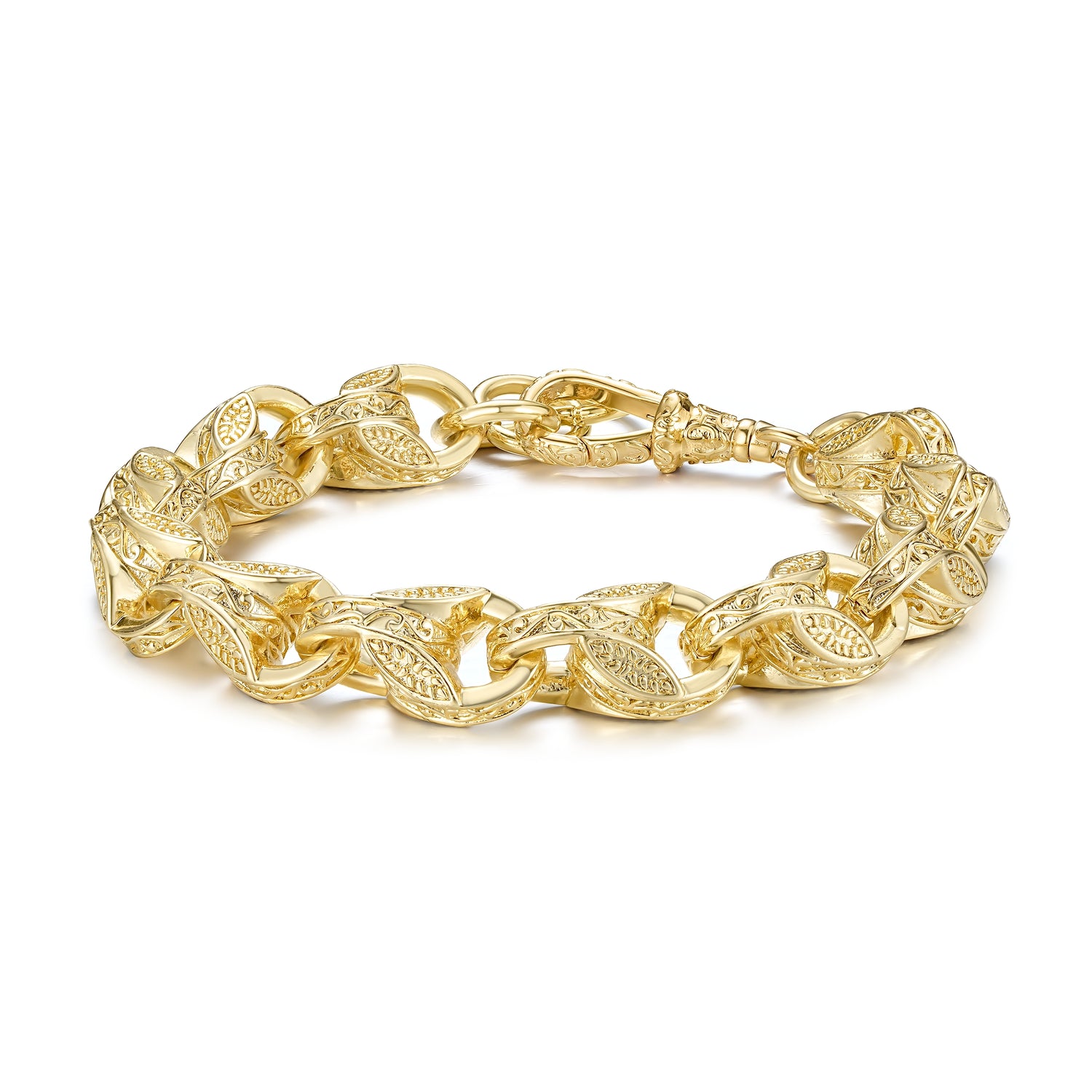 12mm gold tulip bracelet with Albert clasp, 8-9 inches, 63g weight.