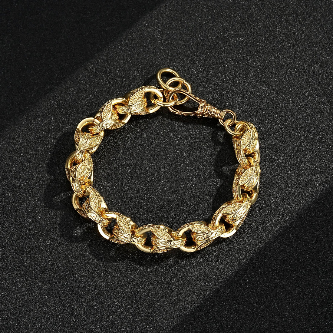 12mm wide gold tulip bracelet, 8-9 inches long, 63 grams, 3D floral pattern.