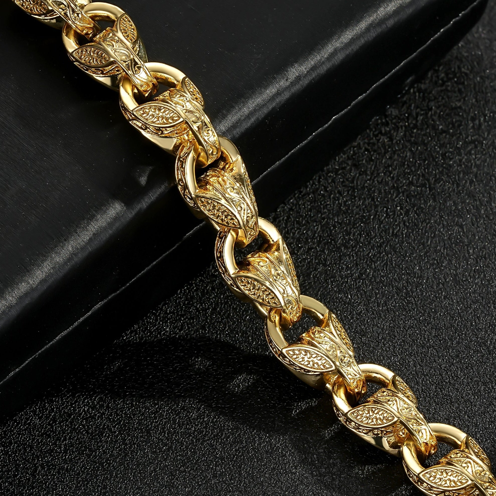 3D gold tulip bracelet, 8-9 inch adjustable length, 12mm wide, 63g weight.