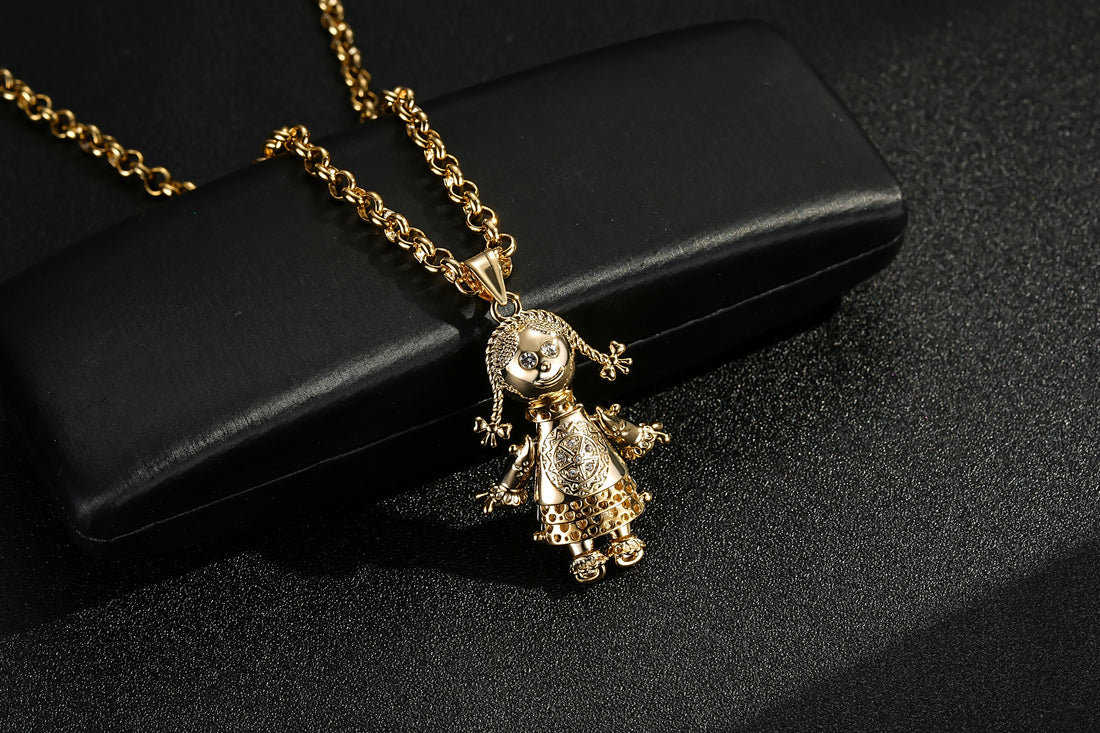 Gold Rag Doll Pendant with Clear Stones on 22-Inch, 5mm Belcher Chain