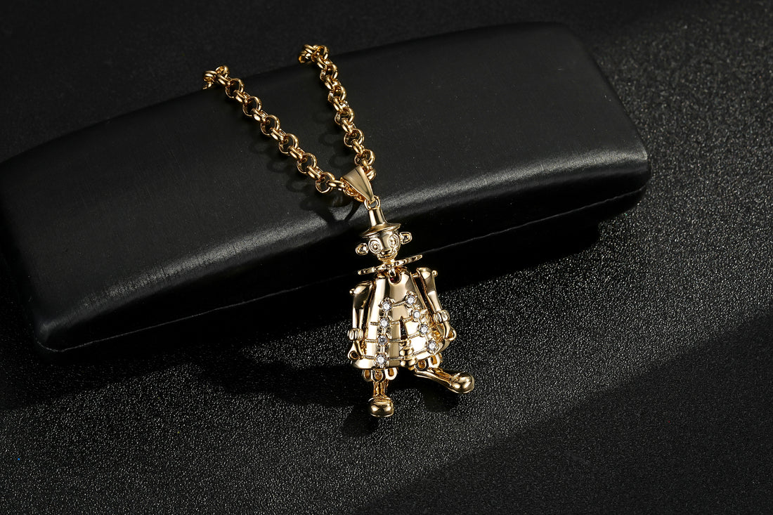 Gold Clown Pendant Clear Stones 22 Inch 4mm Belcher Chain