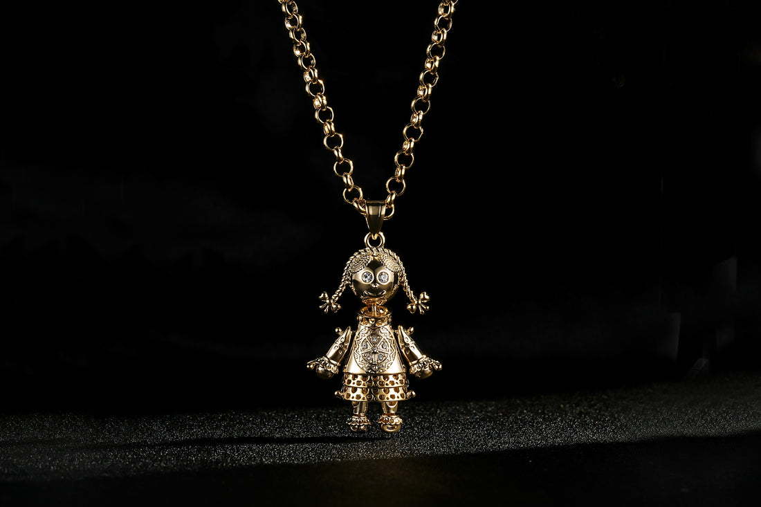 Gold Rag Doll Pendant with Clear Stones on 22-Inch, 5mm Belcher Chain