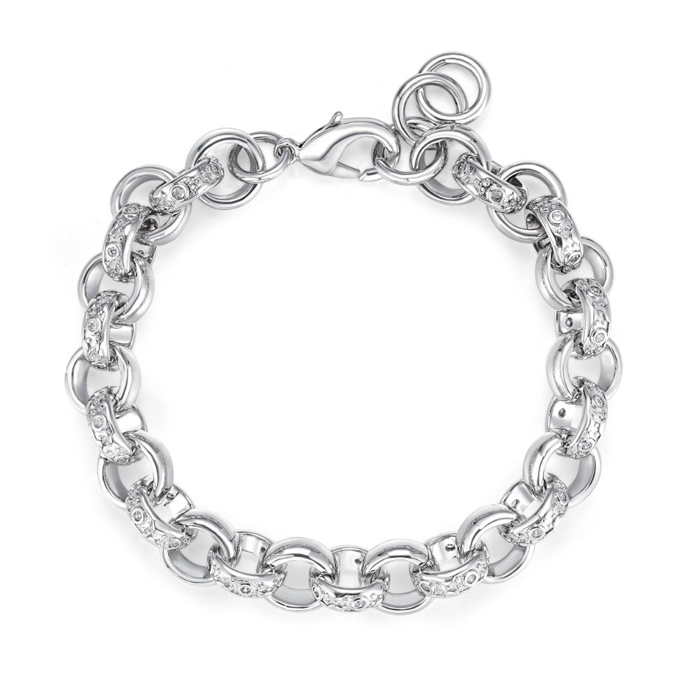 Big silver Belcher bracelet, 12mm width, 8 inches, 50 grams, crystal design.