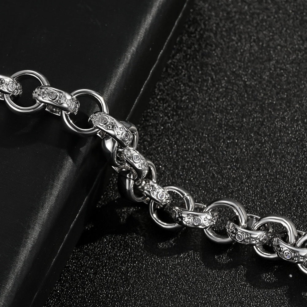 Silver-filled big Belcher bracelet with crystal pattern, 8 inches, 12mm, 50 grams.