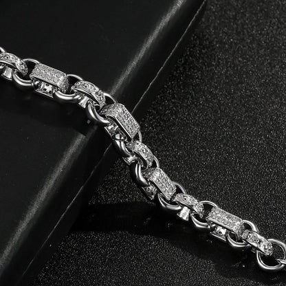 10mm wide silver gypsy link bracelet with stones, 8-inch length, 45 grams.