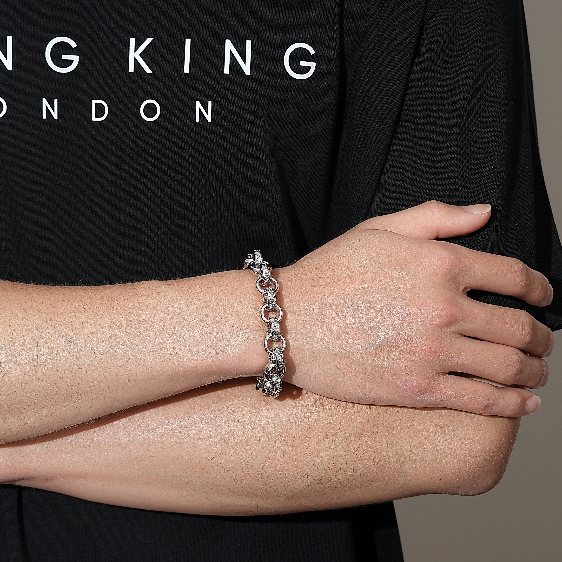12mm Silver Filled Crystal Pattern Belcher Bracelet 8 Inches