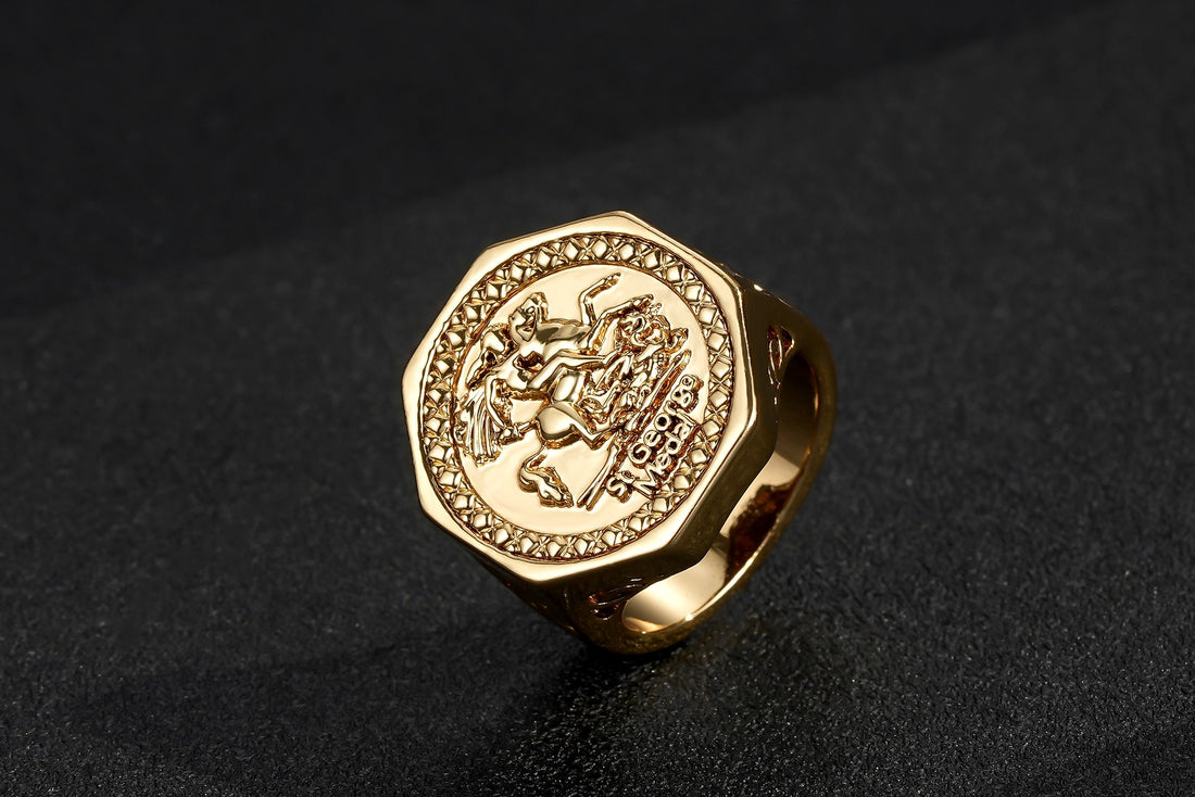 Luxury Gold Hexagon St George Dragon Slayer Sovereign Ring Multiple Sizes