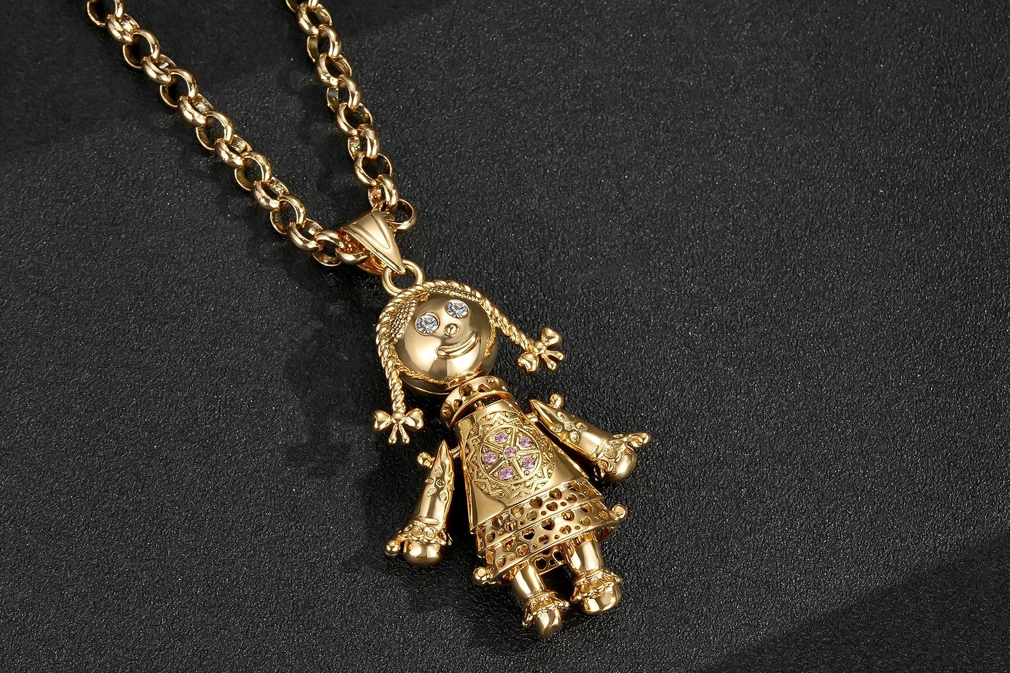 New Gold Filled Bonded Heart Rag Doll Pendant with Pink Stones on 22-Inch, 5mm Belcher Chain