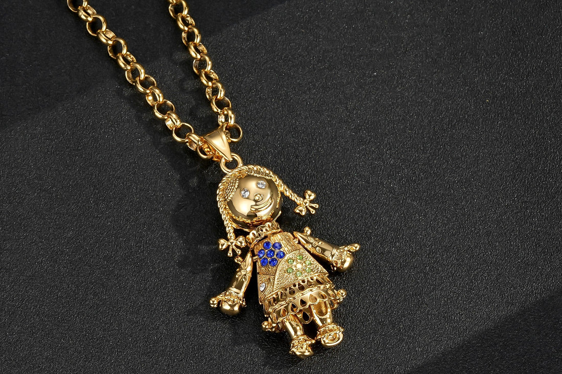 Gold Rag Doll Pendant Necklace 5.5mm Gold Smooth Belcher Chain