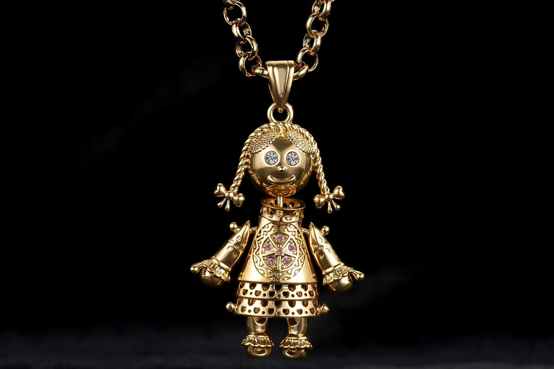 New Gold Filled Bonded Heart Rag Doll Pendant with Pink Stones on 24-Inch, 6mm Belcher Chain