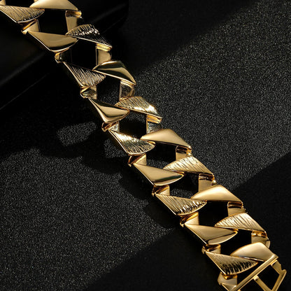 Gold-filled Cuban curb chaps bracelet, 9-inch, 120 grams, 27mm width.