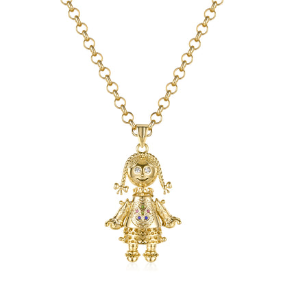 New Gold Rag Doll Pendant with Clear Stones on 22-Inch, 5mm Belcher Chain