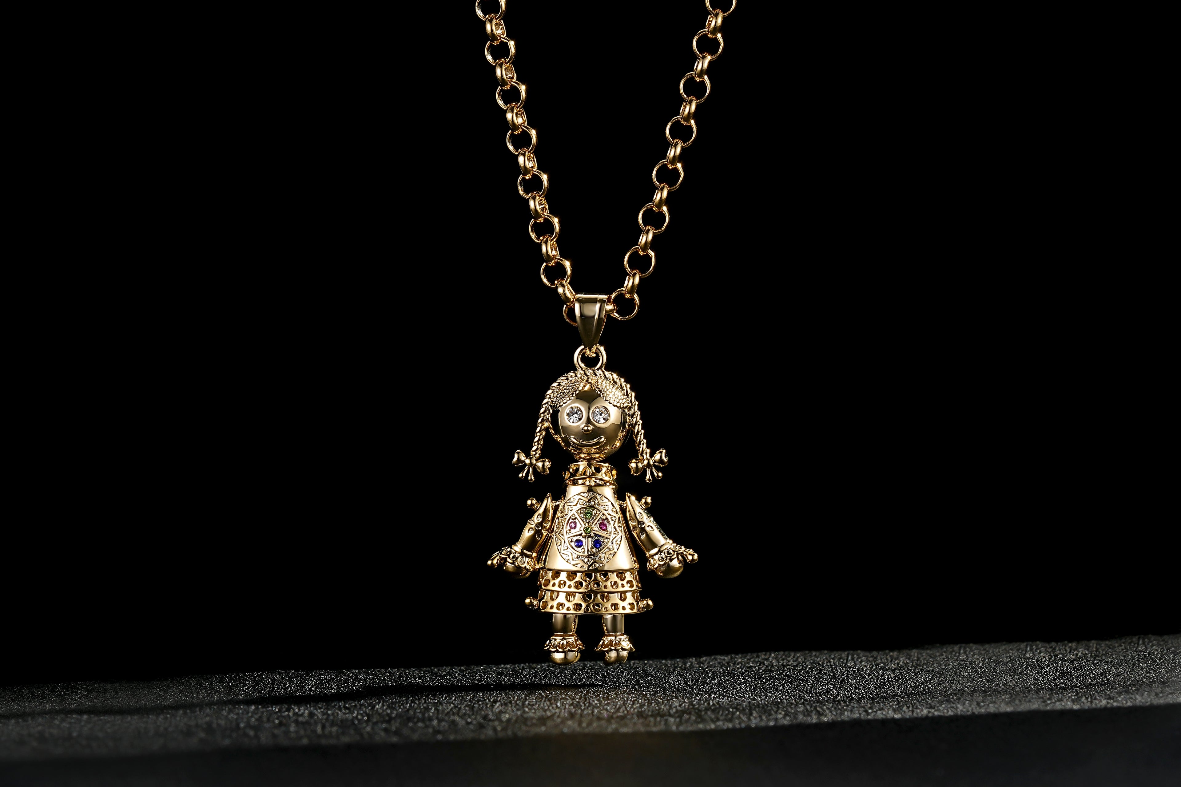 New Gold Rag Doll Pendant Multi Coloured Stones 22 Inch 5mm Belcher Chain