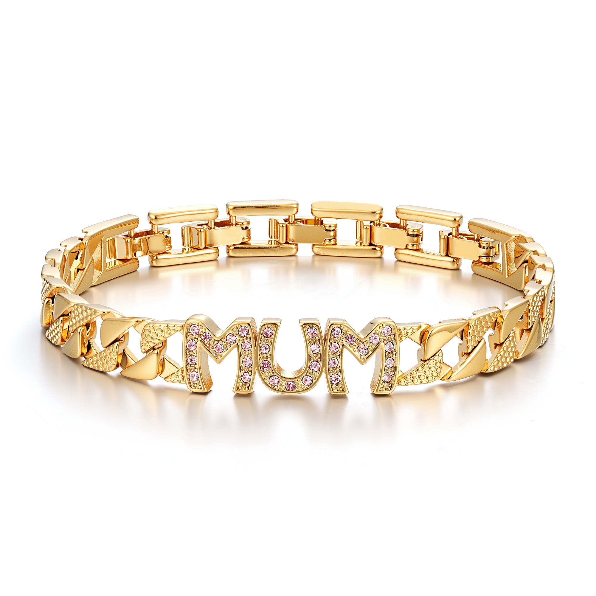 8mm Mum Cuban Bracelet – Full Link, Pink Stones – Fits 8-Inch Wrist - 22g