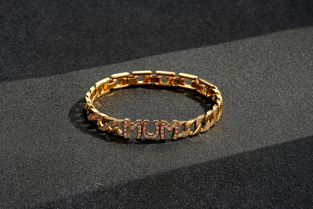8mm Mum Cuban Bracelet Full Link, Pink Stones Fits 8-Inch Wrist - 22g