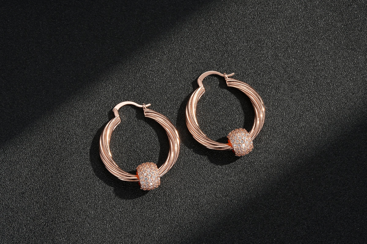 Rose Gold Disco Ball Hoop Earrings by Bling King London