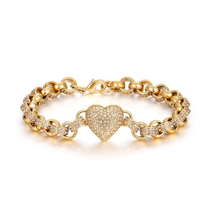 Gold Heart Charm Bracelet with Clear Stones 7.5–8” Wrist 27g Jewellery Gift