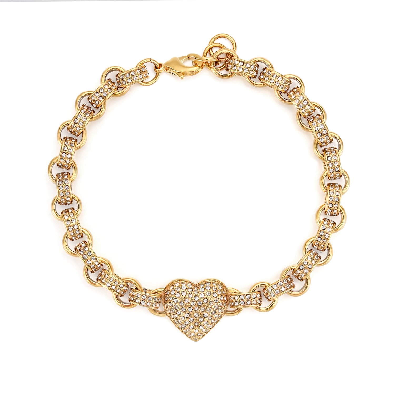 Gold Heart Charm Bracelet with Clear Stones 7.5–8” Wrist 27g Jewellery Gift