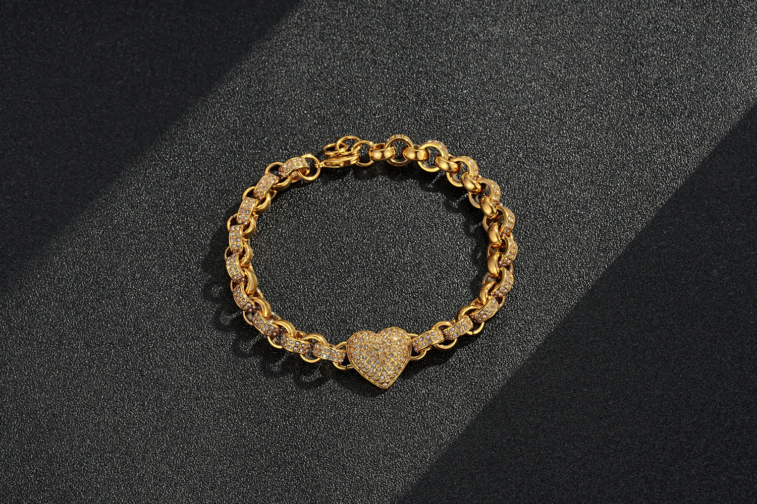 Gold Heart Charm Bracelet with Clear Stones 7.5–8” Wrist 27g Jewellery Gift