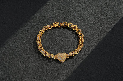 Gold Heart Charm Bracelet with Clear Stones 7.5–8” Wrist 27g Jewellery Gift