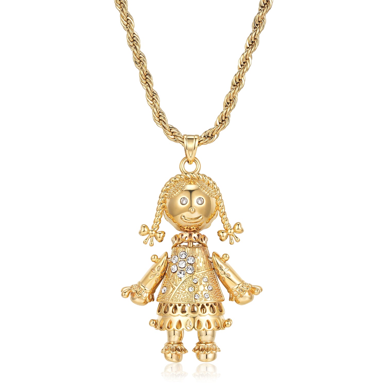 Largest Gold Heart Rag Doll Pendant with Clear Stones – 24 Inch