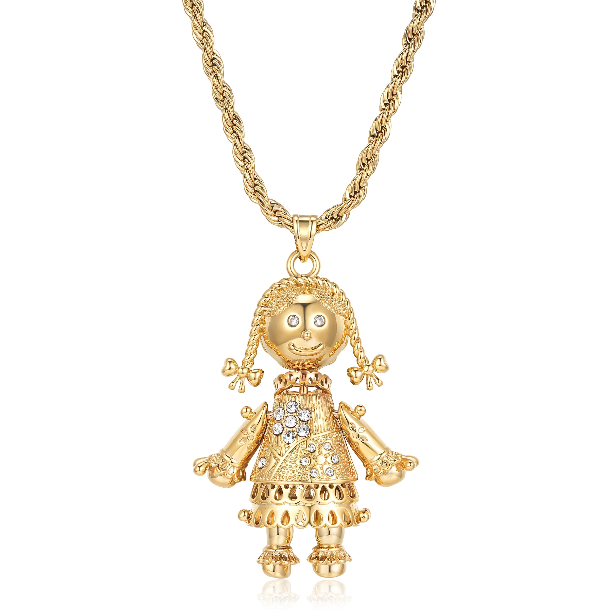 Largest Gold Heart Rag Doll Pendant with Clear Stones – 24 Inch