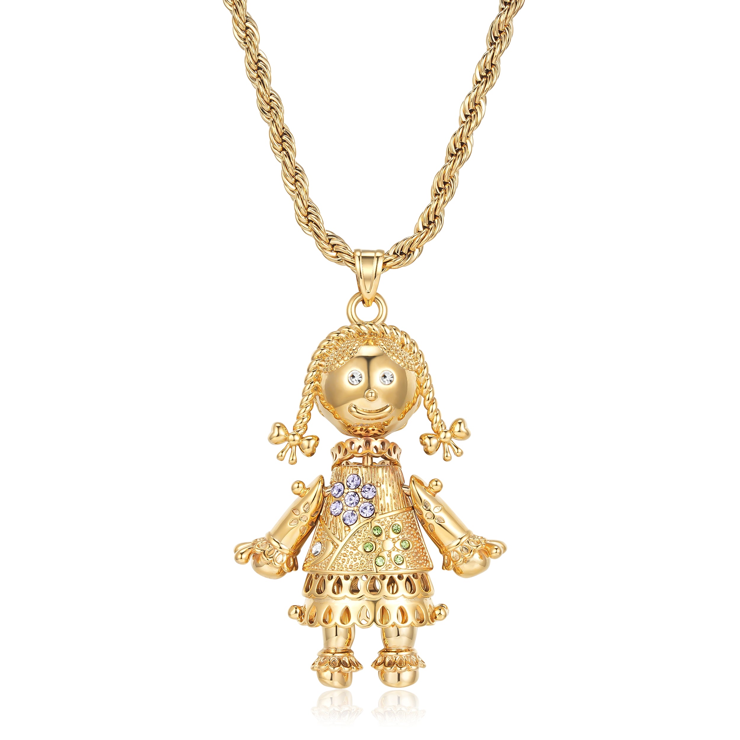 Largest Gold Heart Rag Doll Pendant with Multi-Coloured Stones – 24 Inch