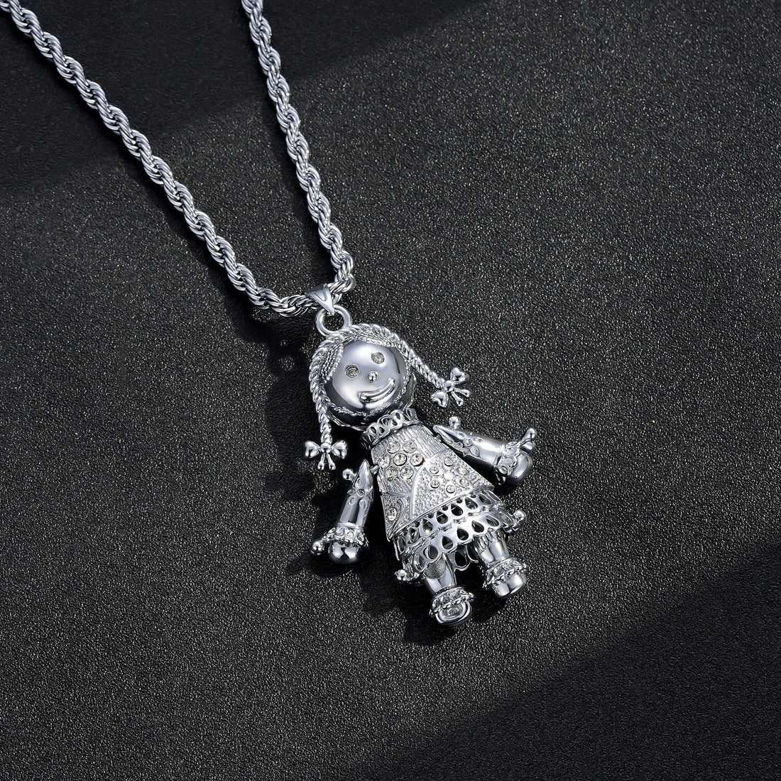 Largest Silver Heart Rag Doll Pendant with Clear Stones – 24 Inch