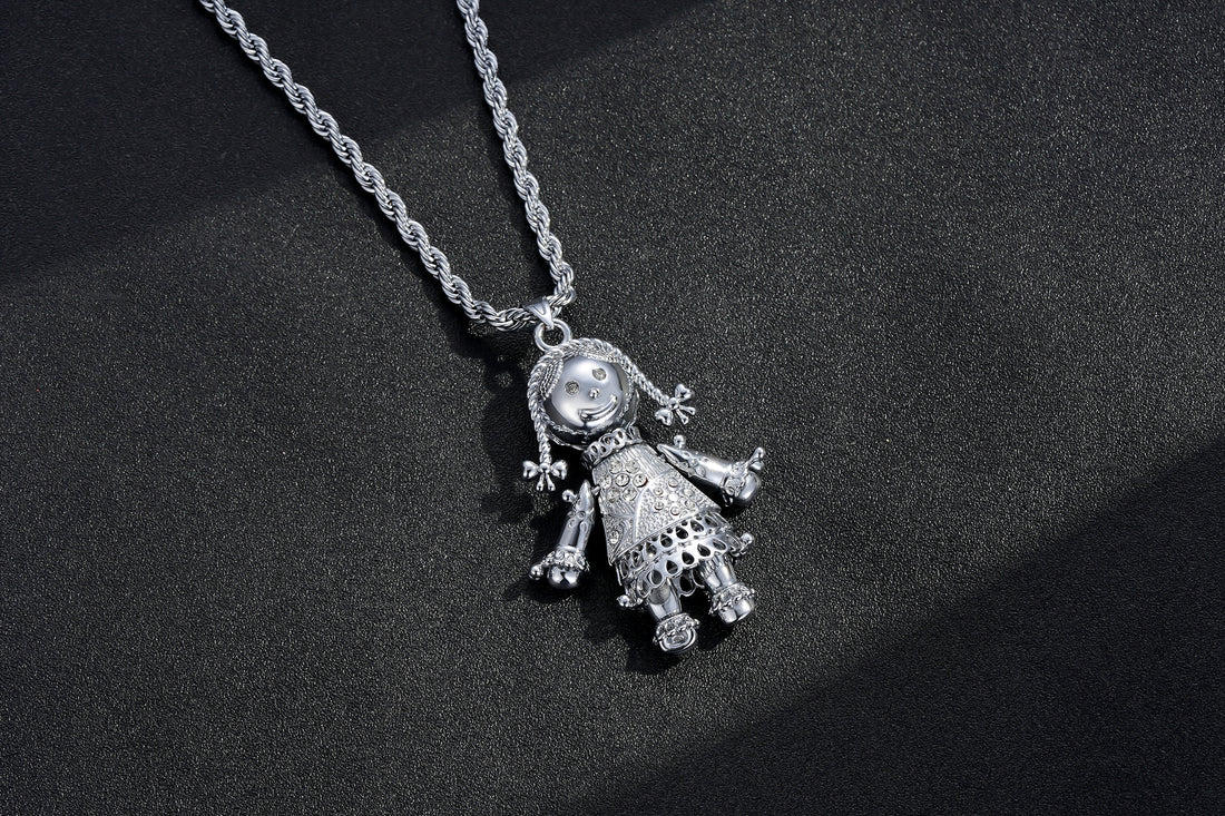 Largest Silver Heart Rag Doll Pendant with Clear Stones – 24 Inch