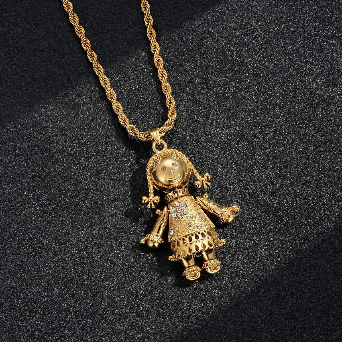 Gold XL Heart Rag Doll Pendant Necklace 24inches