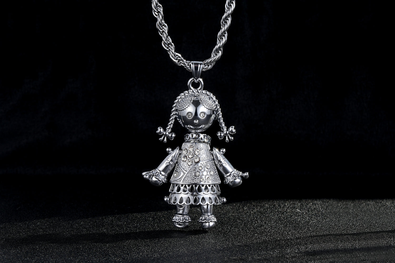 Largest Silver Heart Rag Doll Pendant with Clear Stones – 24 Inch